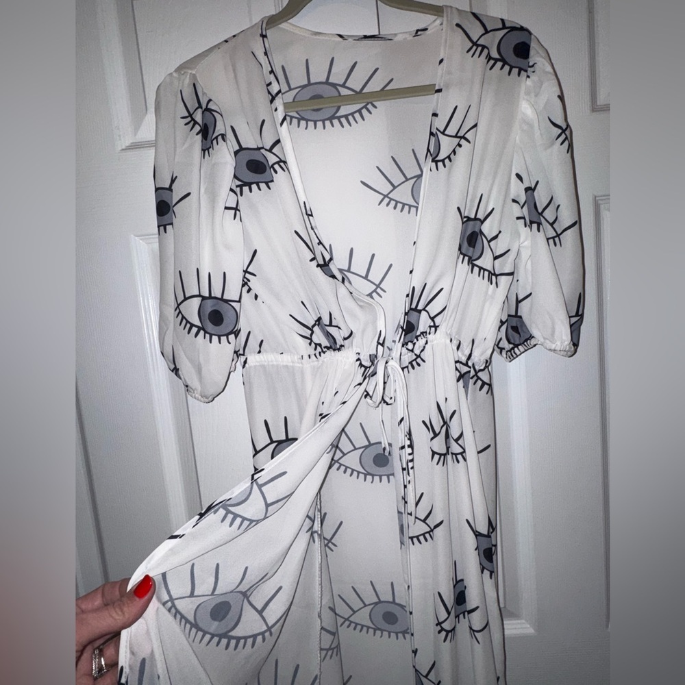 💥SALE Evil Eye Midi Dress/Beach Cover-up Boho Tie Front Small/Med - Picture 6 of 12